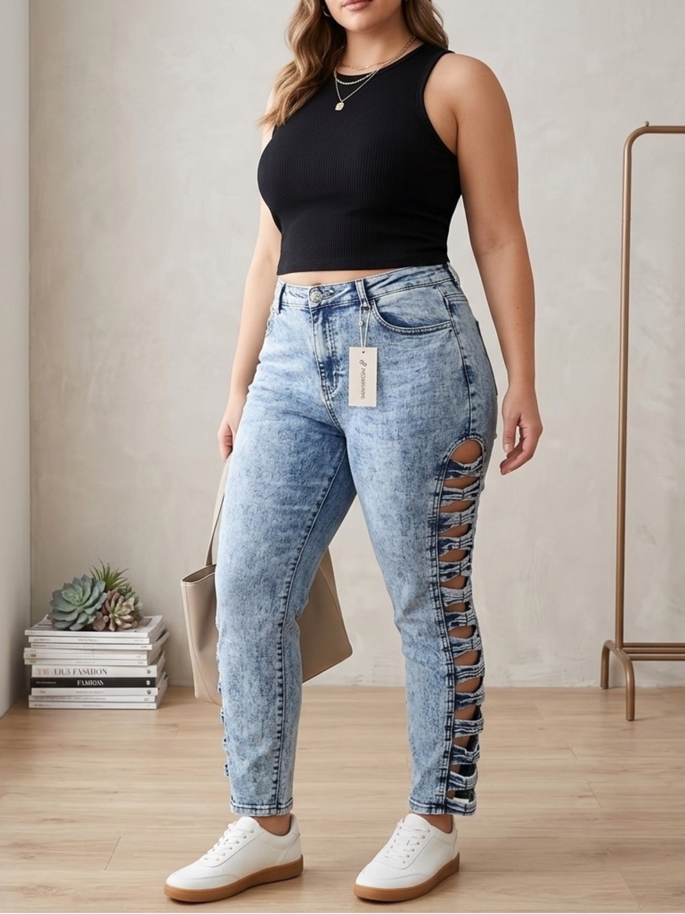 American Quality Denim Women’s Plus Size Y2K Acid Wash Ladder Cutout Jeans